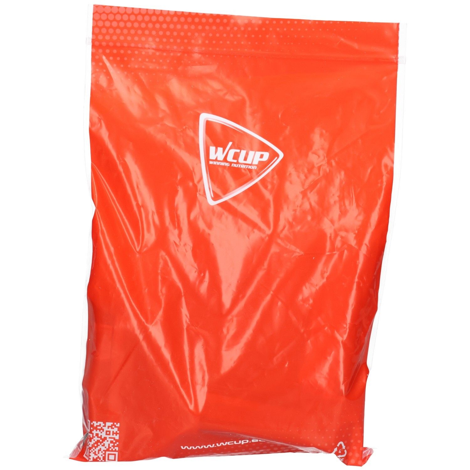 Leere orangefarbene WCUP-Tüte mit Logo.