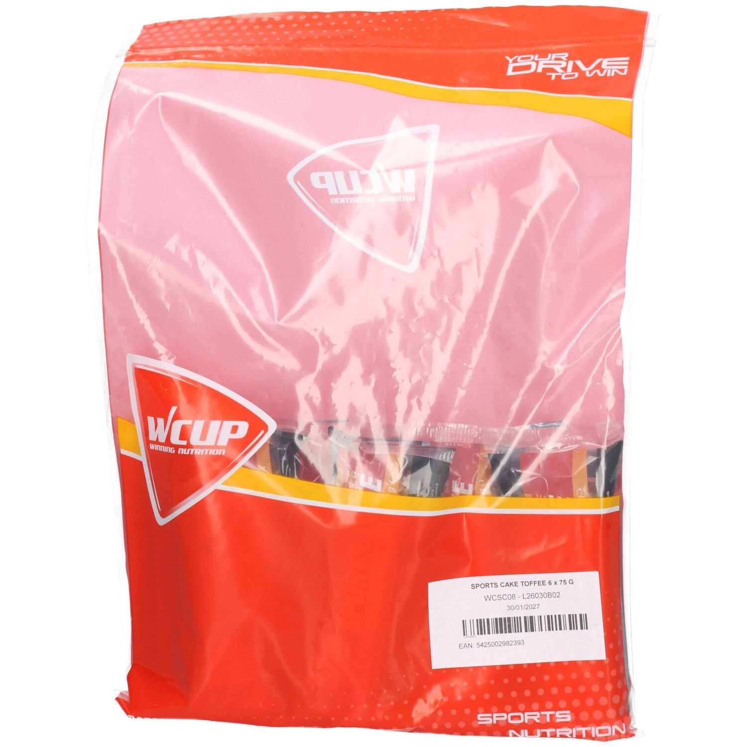 Verpackung mit mehreren WCUP Sport-Kuchen-Toffee Riegeln. Rote und orangefarbene Tüte mit Logo.