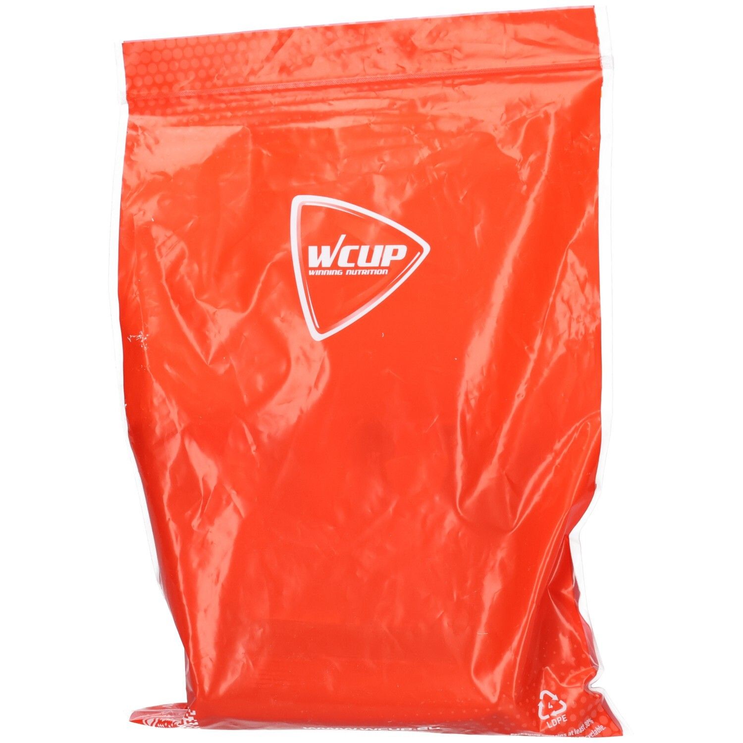 Rote Verpackung mit weißem Wcup-Logo. Versiegelter Beutel, leicht transparent. Text und Logo in weißer Farbe.