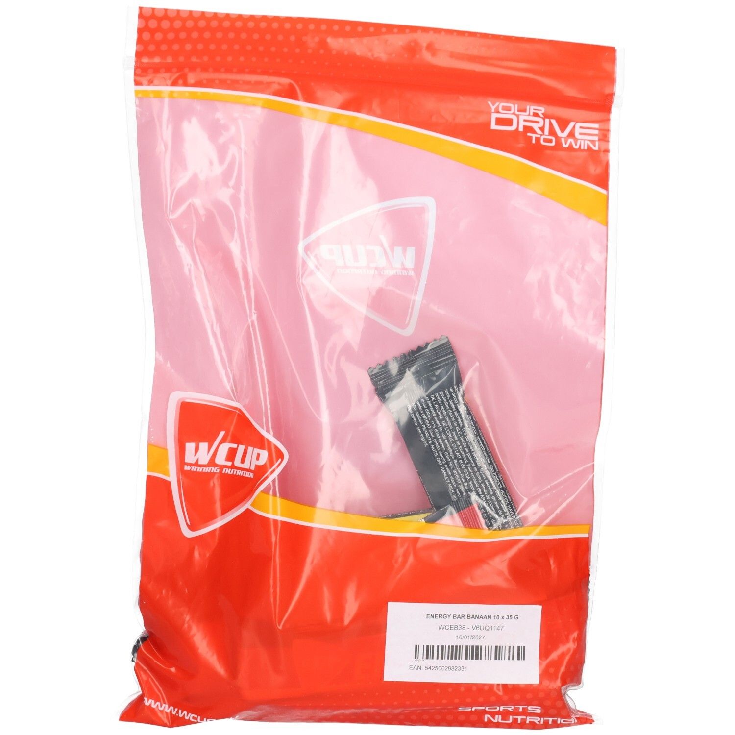 Transparente Verpackung mit einem Energieriegel. Aufdruck: Wcup, Text und Barcode. Rote Verpackung.