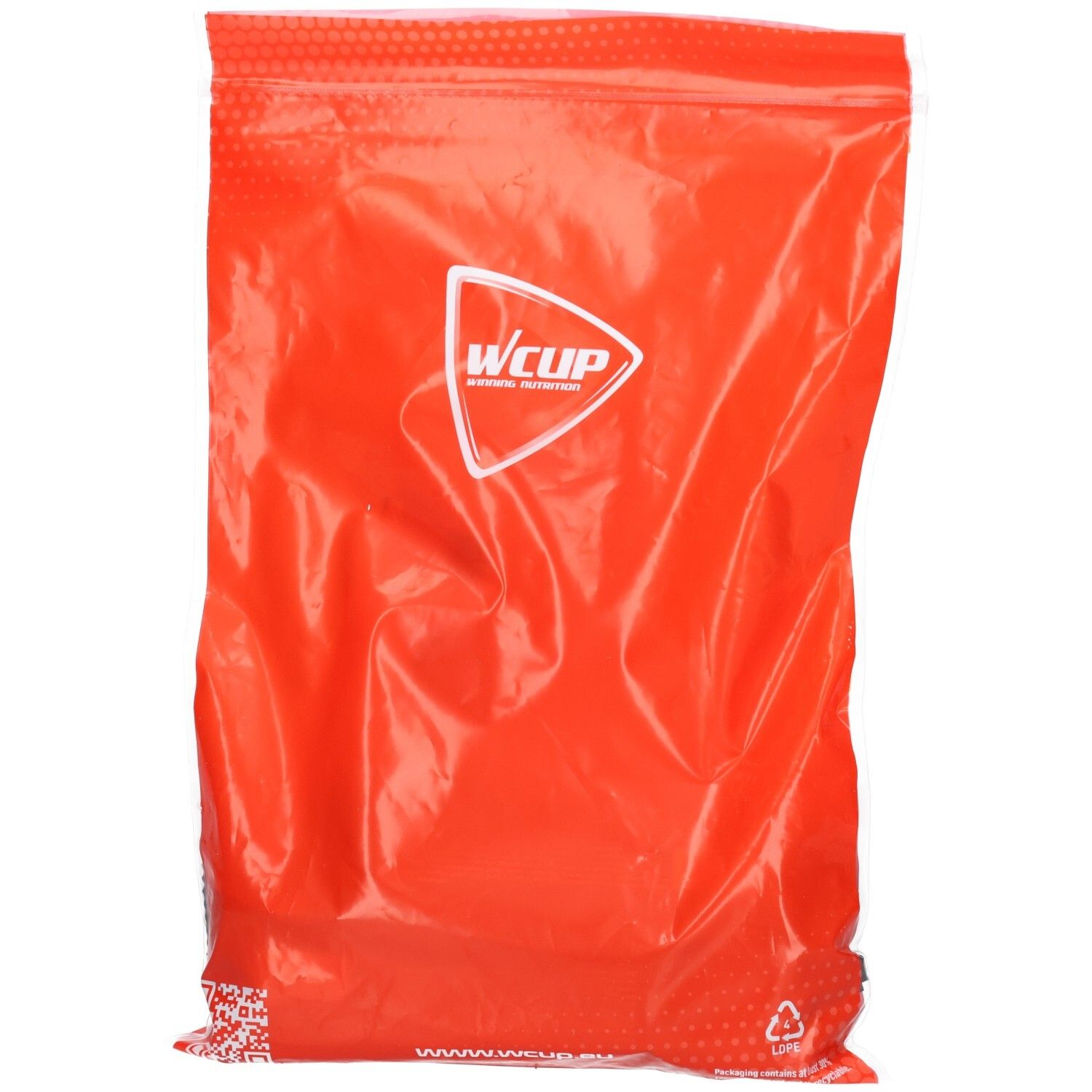 Rote, glänzende Verpackung mit Wcup-Logo. Aufschrift: Wcup. Kunststoffverpackung.