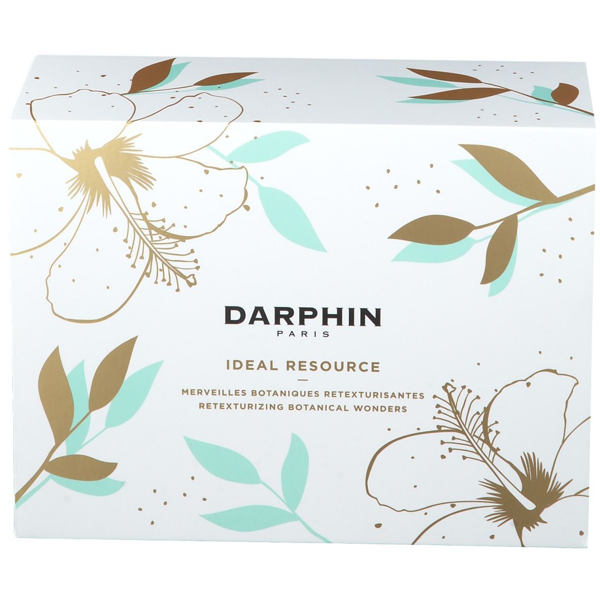 Coffret cadeau à motif floral. Inscriptions: DARPHIN PARIS, IDEAL RESOURCE. Texte en français et en anglais.
