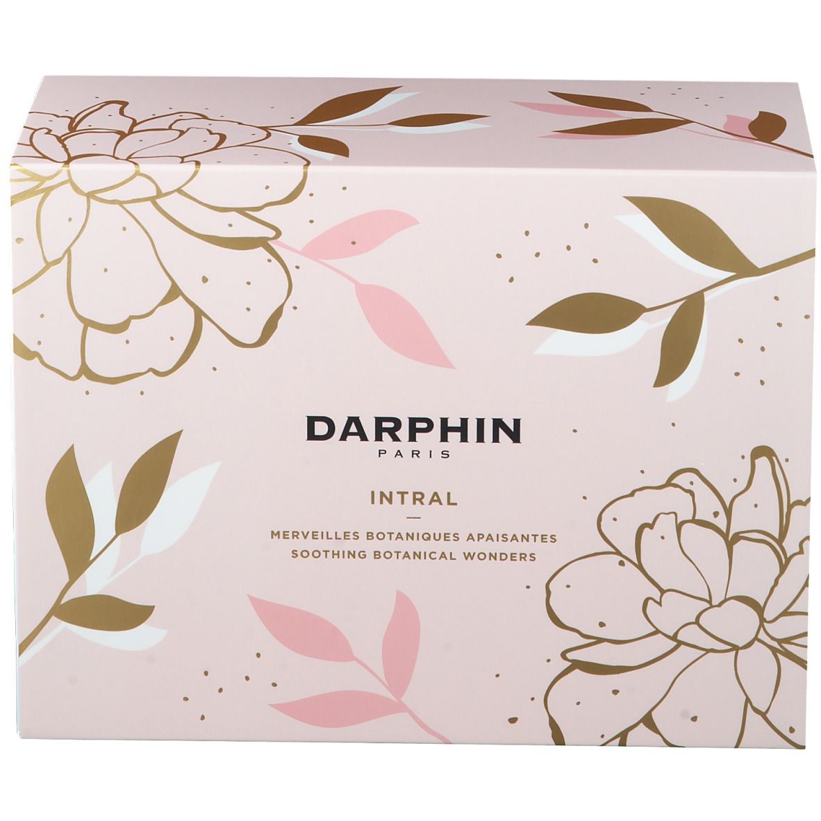 Coffret cadeau rose avec motifs floraux et inscription DARPHIN PARIS INTRAL. Texte : Merveilles botaniques apaisantes.