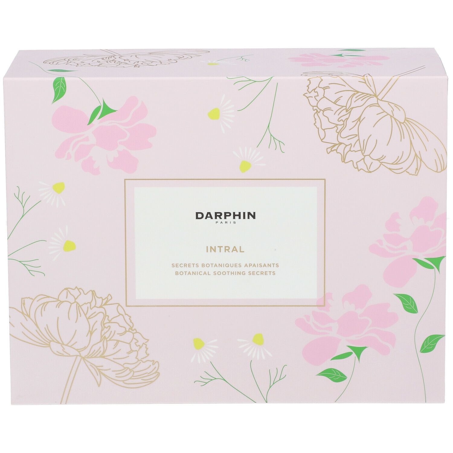 Coffret cadeau, rose floral. DARPHIN INTRAL. Emballage rectangulaire avec motifs floraux et nom du produit.