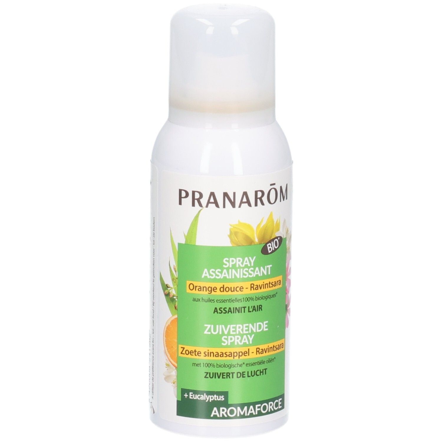 Weiße Sprühflasche mit grünem Etikett. Text: PRANARÔM, SPRAY ASSAINISSANT, Orange douce - Ravintsara, ZUIVERENDE SPRAY. BIO-Siegel.
