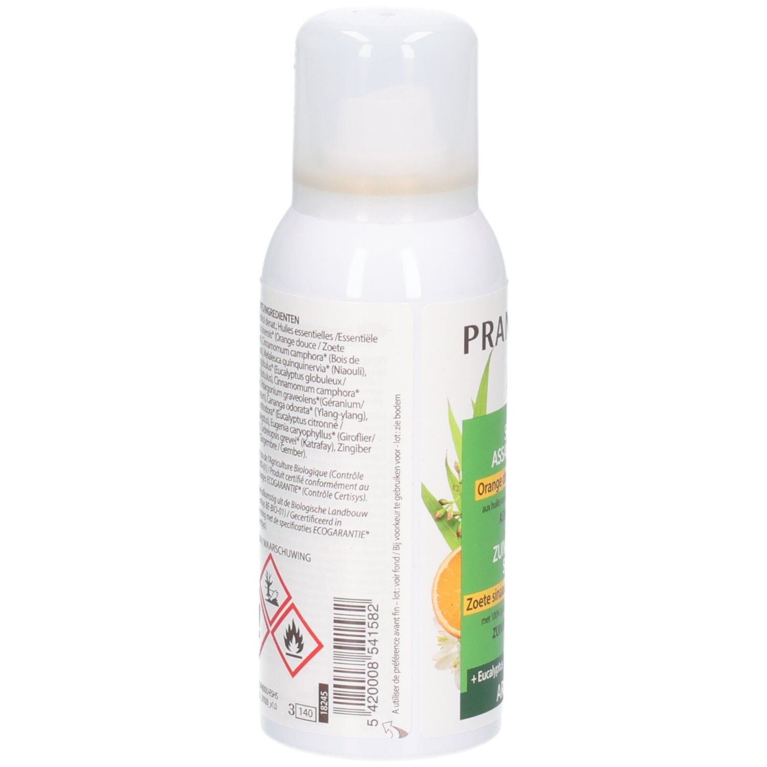 Rückseite der weißen Sprühflasche. Text: Inhaltsstoffe, Warnhinweise, Gefahrensymbole. Barcode. Etikett mit Informationen.