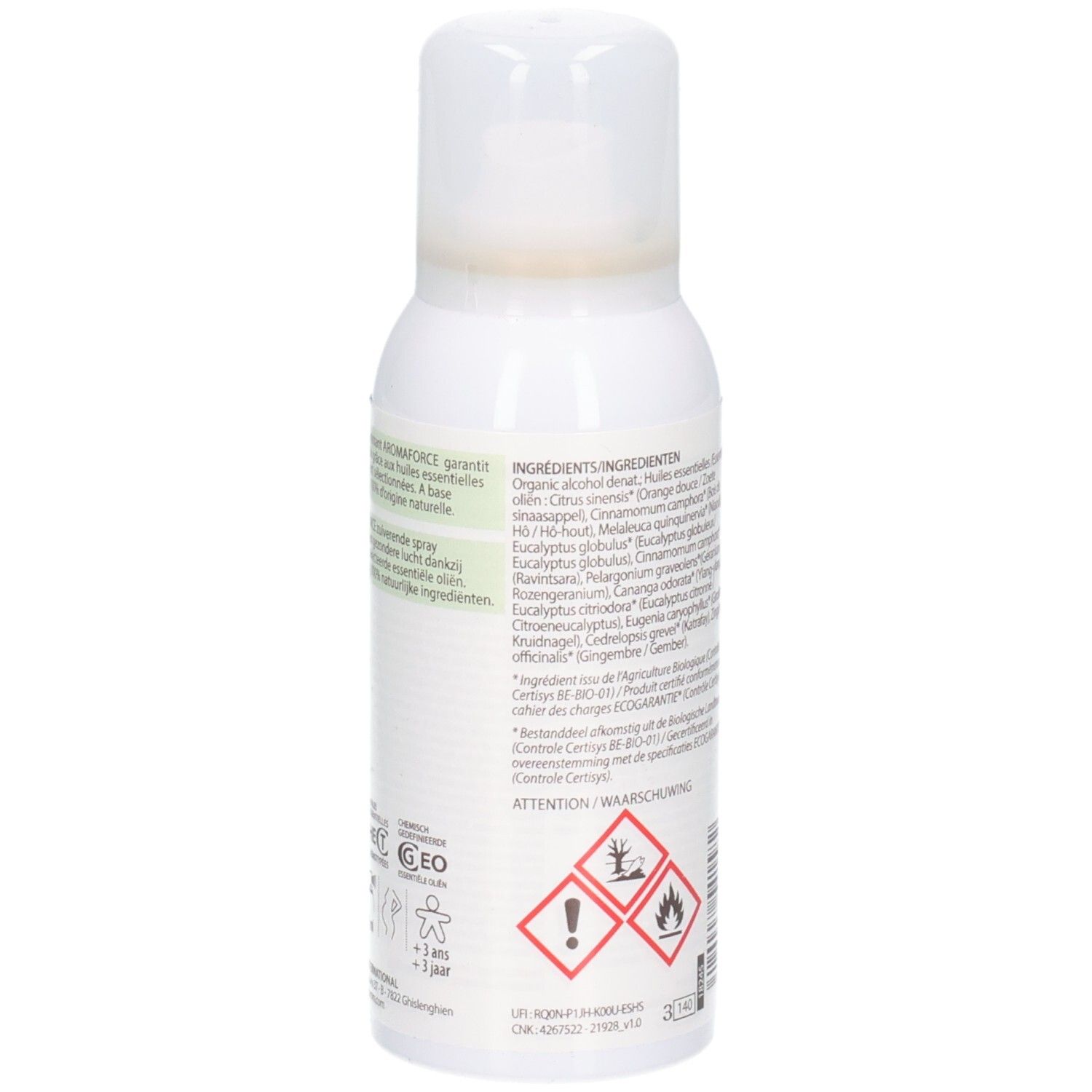 Rückseite der weißen Sprühflasche. Text: Inhaltsstoffe, Warnhinweise, Gefahrensymbole. Zertifizierungen. Etikett mit Informationen.
