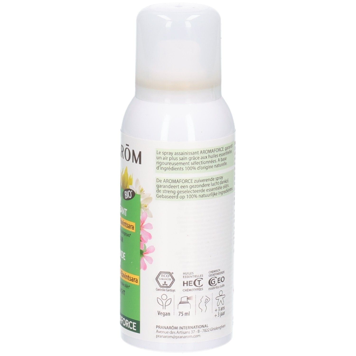 Rückseite der weißen Sprühflasche. Text: Informationen, Zertifizierungen, Warnhinweise. Vegan-Siegel. 75 ml.