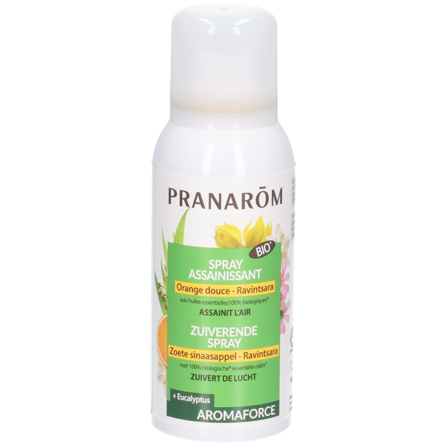 Weiße Sprühflasche mit grünem Etikett. Text: PRANARÔM, SPRAY ASSAINISSANT, Orange douce - Ravintsara, ZUIVERENDE SPRAY. BIO-Siegel.