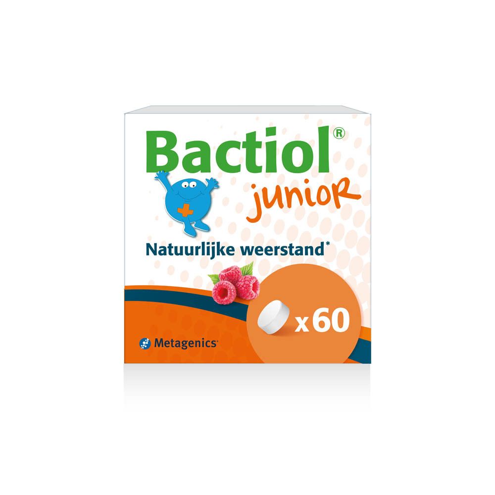 Schachtel mit Bactiol Junior Kautabletten. 60 Tabletten. Enthält Vitamin D und 5 Milliarden Bakterien.