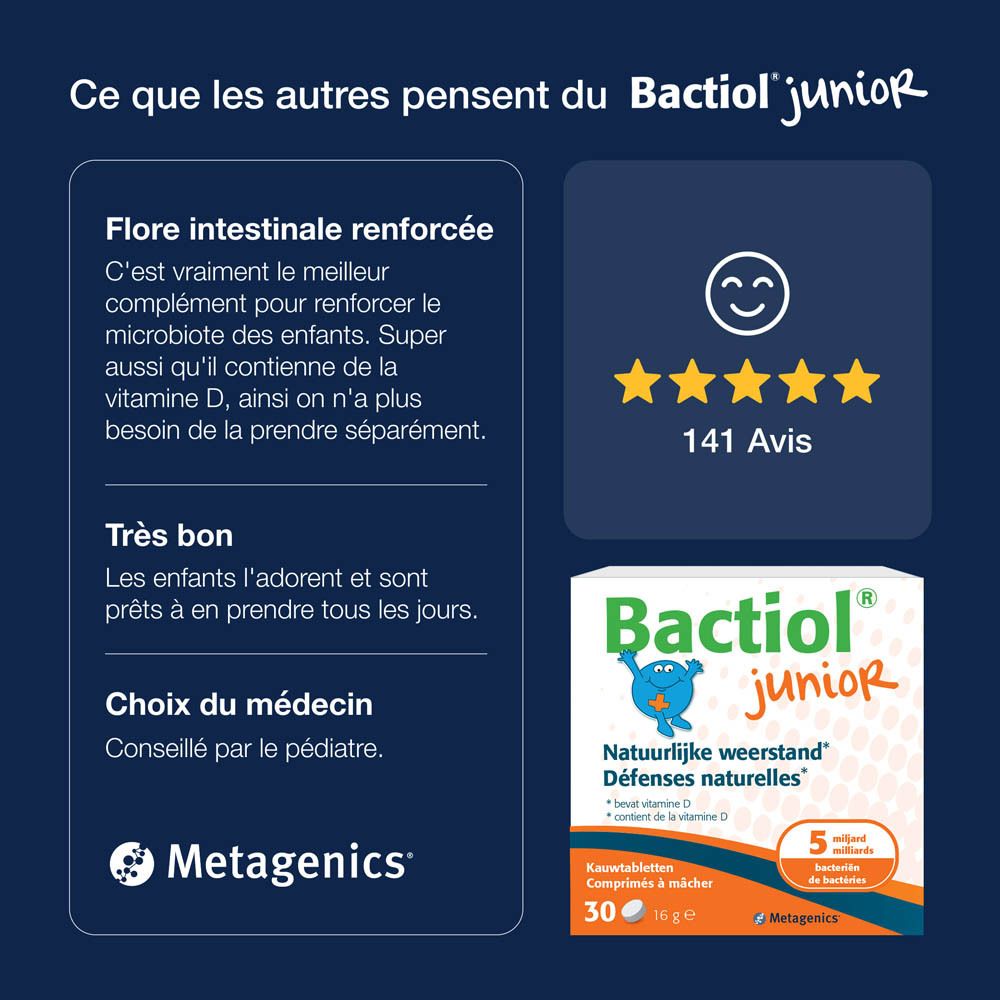 Flacon de comprimés à mâcher Bactiol Junior. Nom du produit, logo et illustration. 60 comprimés.