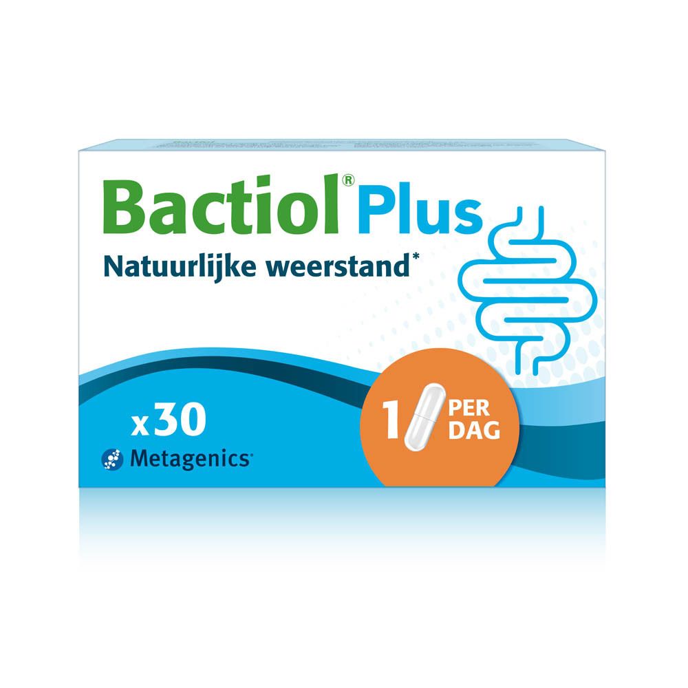 Bactiol Plus Packung. 30 Kapseln, 1 pro Tag. Metagenics Logo.