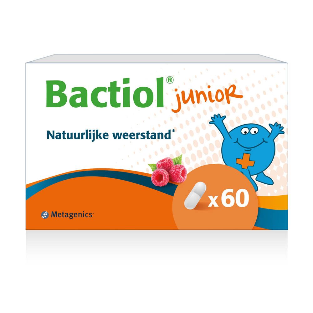 Verpackung von Bactiol junior. Aufschrift: Bactiol junior, 60 Kapseln, 12g, Defenses naturelles, Natuurlijke weerstand.