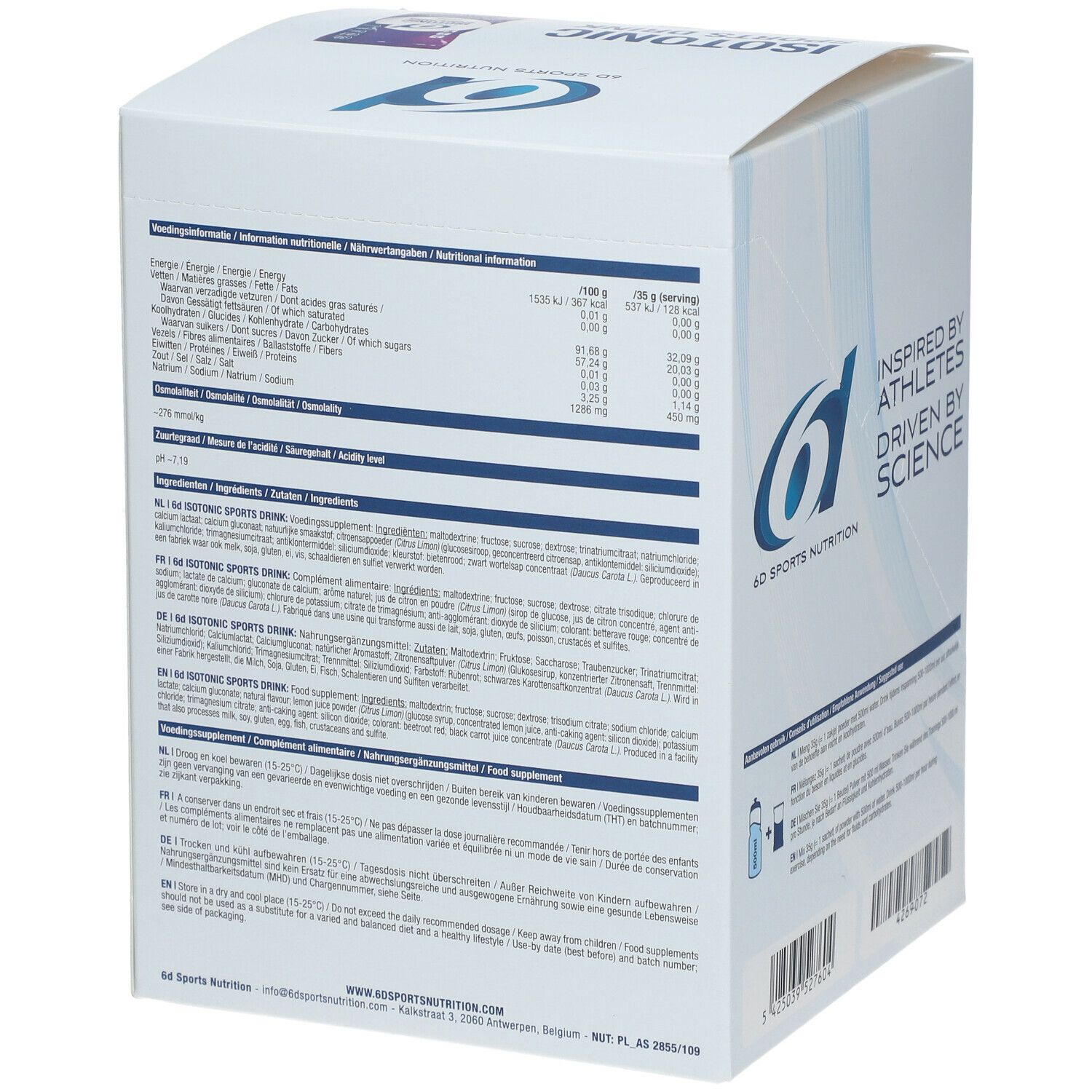 Dos de l'emballage du produit. Informations nutritionnelles, ingrédients et instructions. Logo 6D Sports Nutrition. Code-barres et numéro de lot.