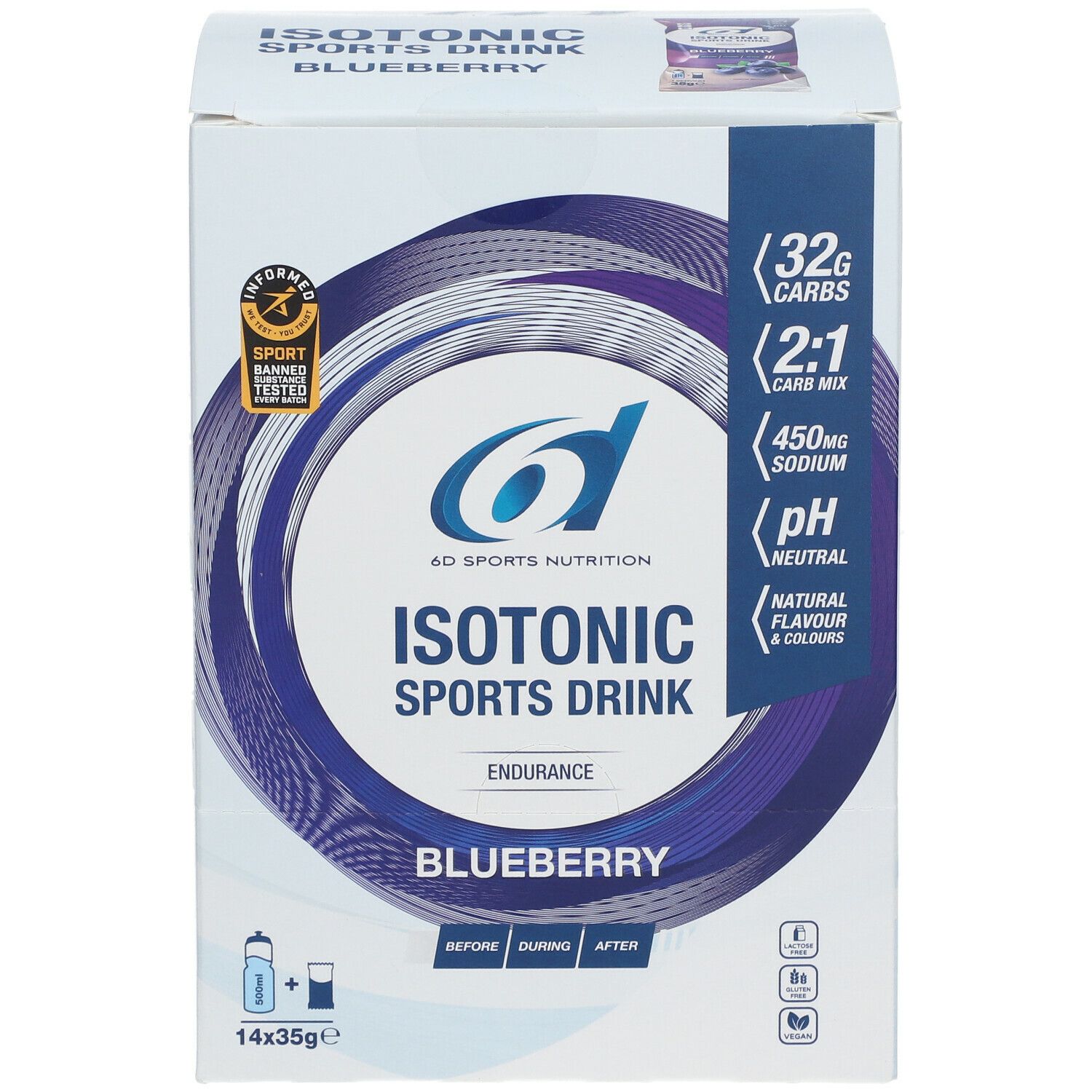 Boîte de boisson sportive isotonique, saveur myrtille. Logo 6D Sports Nutrition. Contient 14 sachets de 35g. Certifié. Informations nutritionnelles et composition.