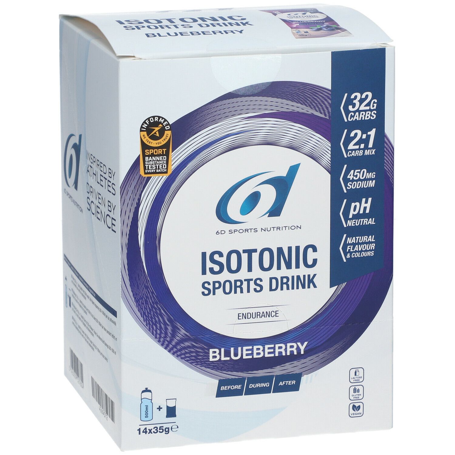 Boîte de boisson sportive isotonique, saveur myrtille. Logo 6D Sports Nutrition. Contient 14 sachets de 35g. Certifié. Informations nutritionnelles et composition.