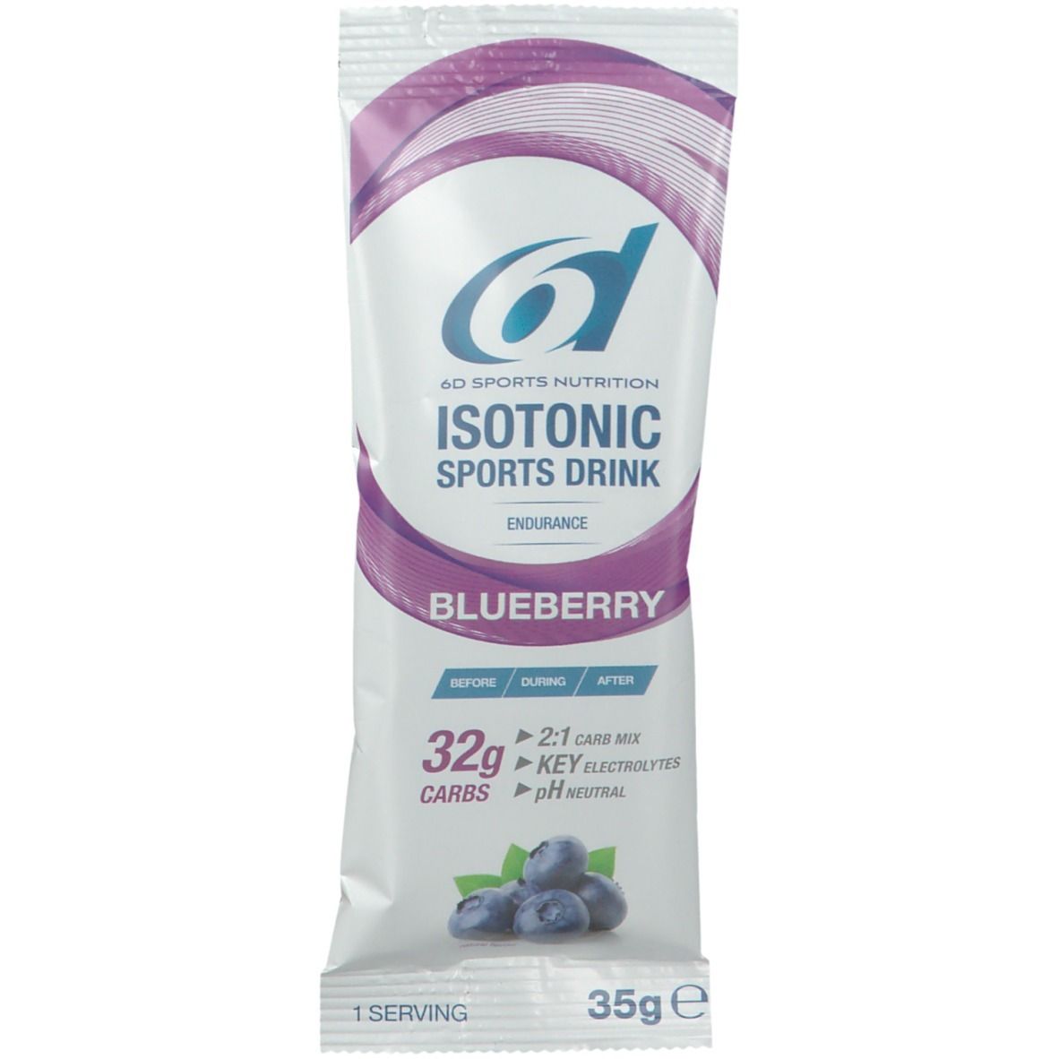 Sachet de 6D Sports Nutrition Isotonic Sports Drink myrtille. Contient 32g glucides, mélange 2:1 glucides, électrolytes, pH neutre.