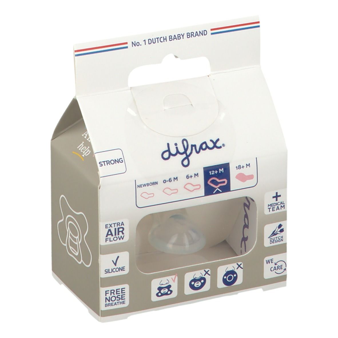 Verpackung mit Schnuller. Marke difrax. Sichtfenster. Aufdruck: Dental, 12+ Monate. Hilfreich für Eltern seit 1967.