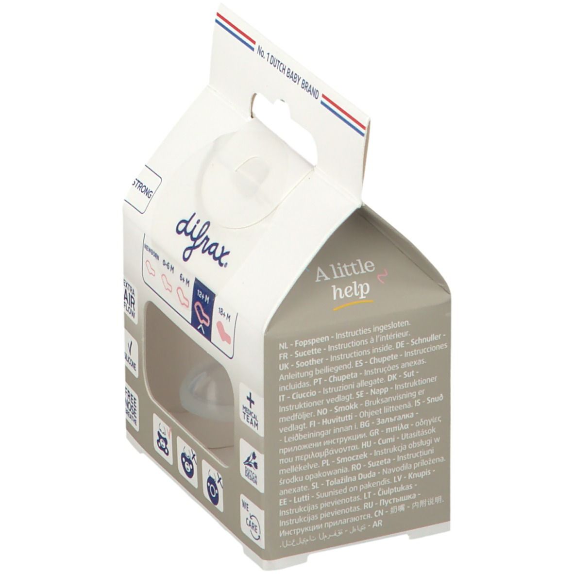 Verpackung mit Schnuller. Marke difrax. Sichtfenster. Aufdruck: Dental, 12+ Monate. Hilfreich für Eltern seit 1967.