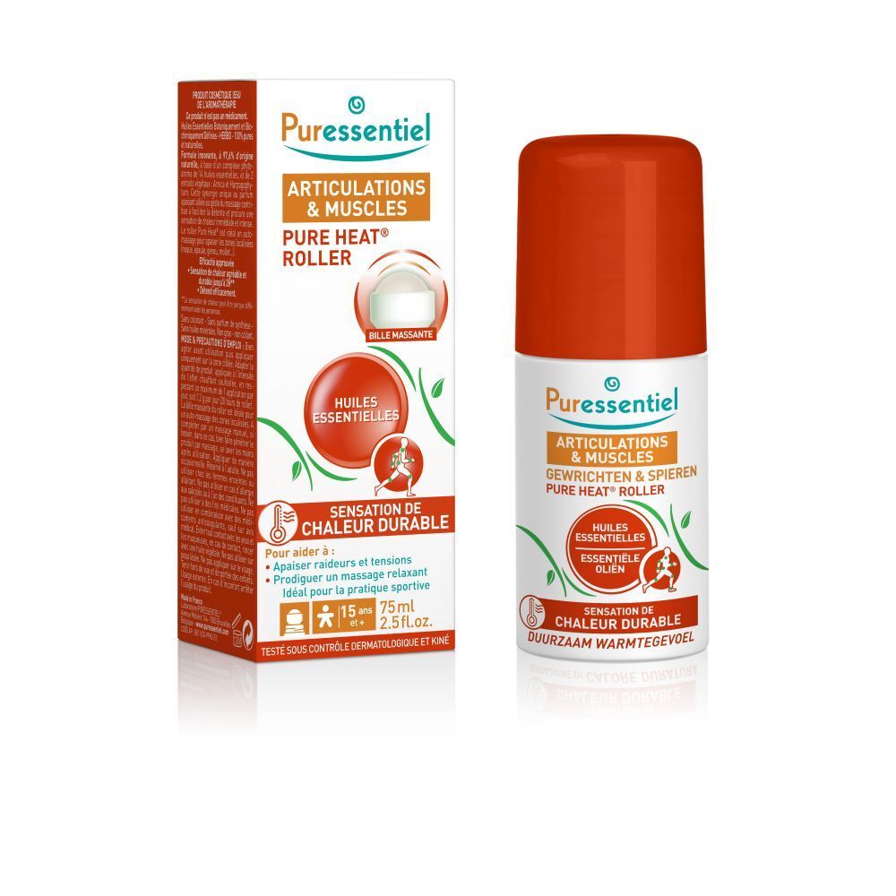 Verpackung und Rollerflasche für Gelenk- und Muskelpflege mit der Aufschrift 'Pure Heat Roller'.