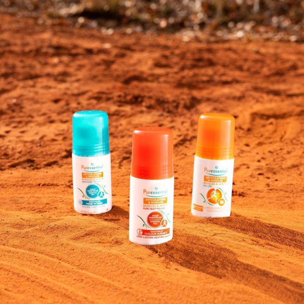 Drei Rollerflaschen für Gelenk- und Muskelpflege in verschiedenen Farben.