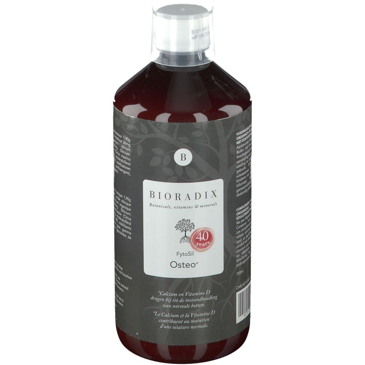 Liquide brun dans une bouteille à bouchon blanc. L'étiquette indique "BIORADIX FytoStil Osteo".