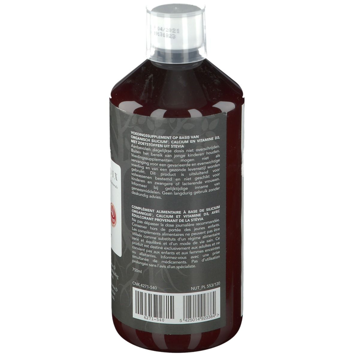 Dos d'une bouteille de liquide brun avec bouchon blanc. Étiquette avec texte multilingue.