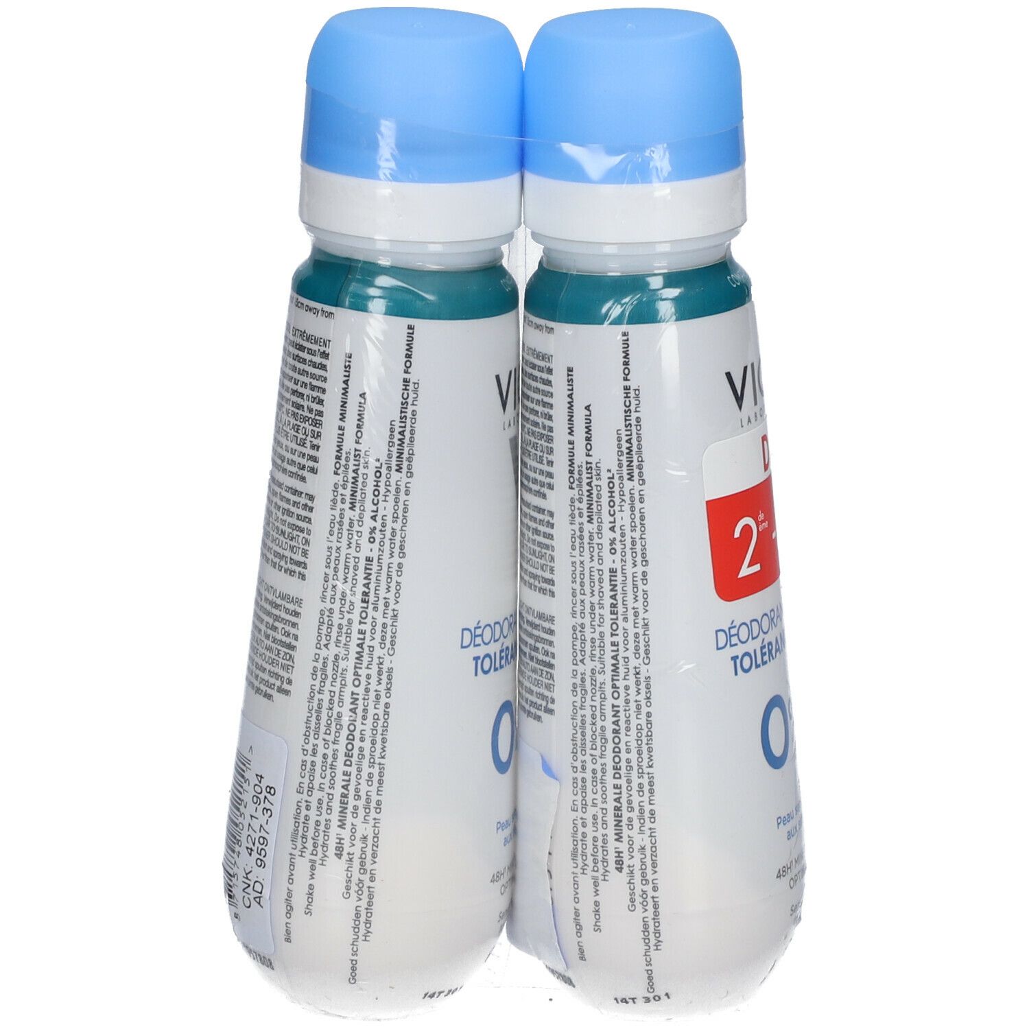 Zwei Deodorant-Flaschen in Folie verpackt. Blaue Kappen, weiße Flaschen mit Text. Aufschrift: VICHY, Mineral Deodorant 48h.
