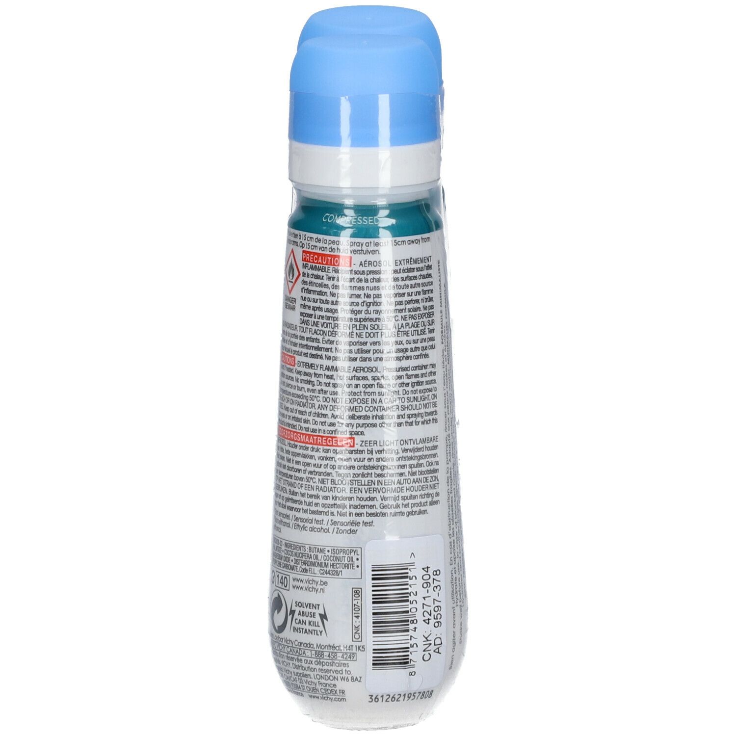 Eine Deodorant-Flasche, verpackt. Blaue Kappe, weiße Flasche mit Text. Aufschrift: VICHY, Mineral Deodorant 48h.