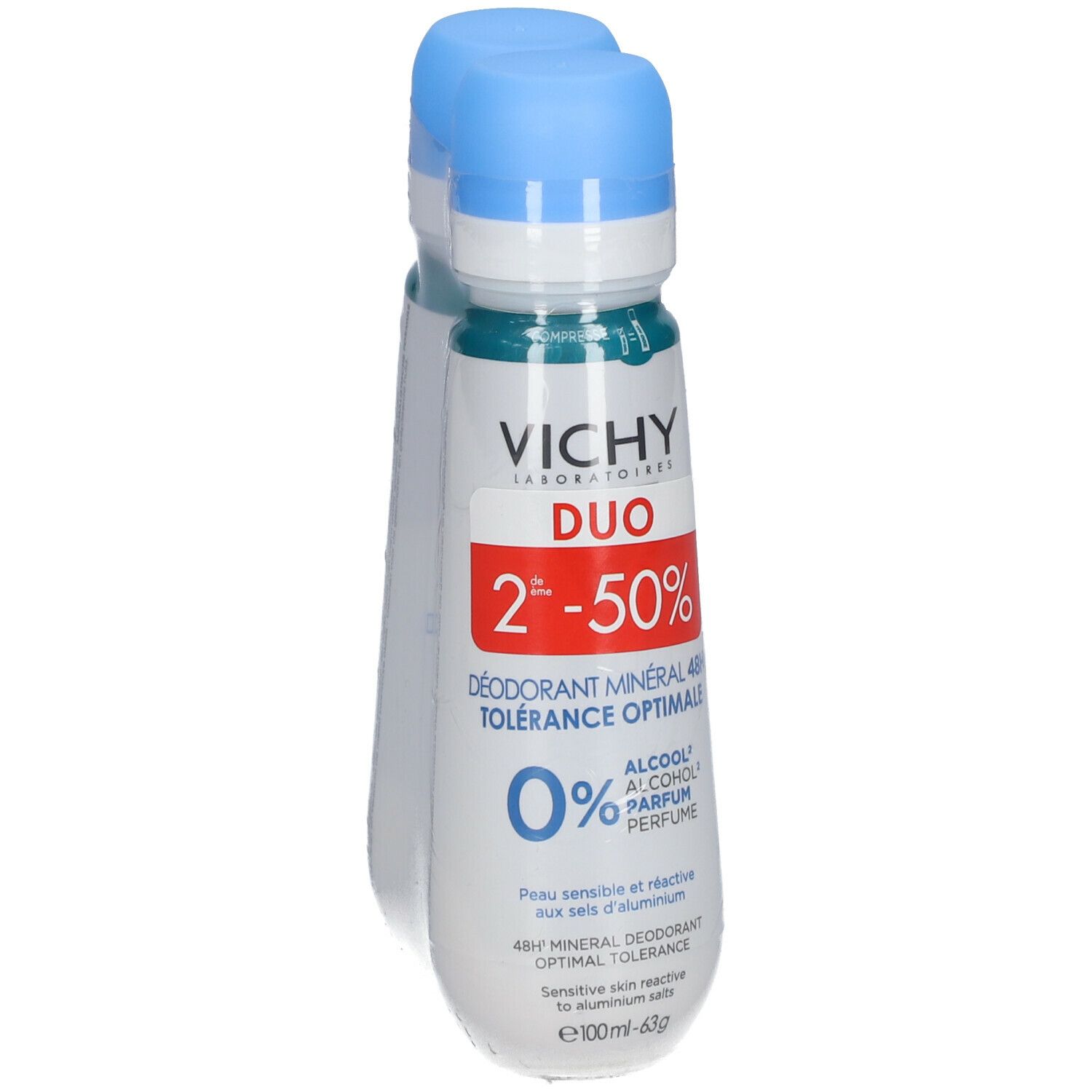Zwei Deodorant-Flaschen in Folie verpackt. Blaue Kappen, weiße Flaschen mit Text. Aufschrift: VICHY, Mineral Deodorant 48h.