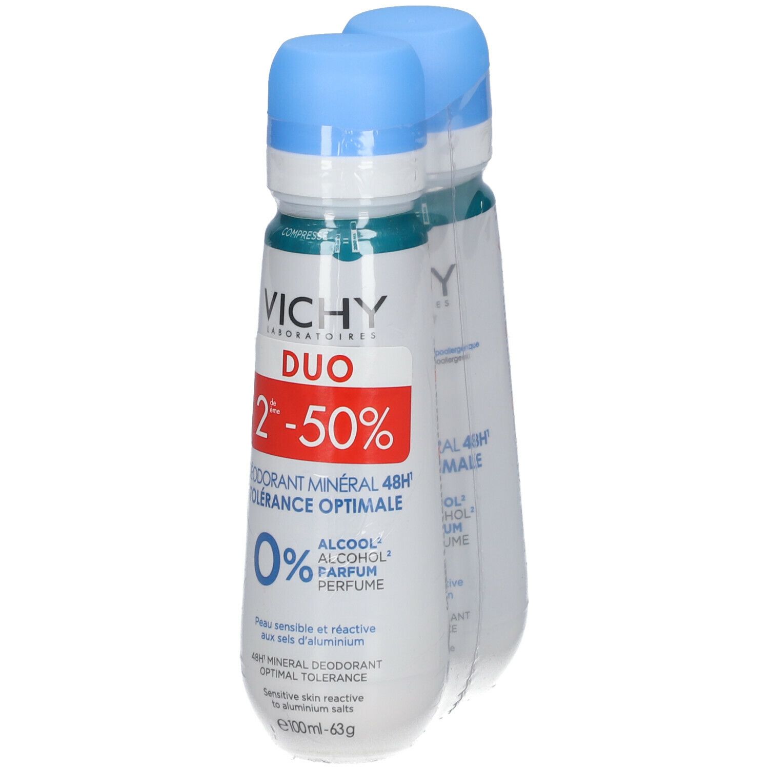 Zwei Deodorant-Flaschen in Folie verpackt. Blaue Kappen, weiße Flaschen mit Text. Aufschrift: VICHY, Mineral Deodorant 48h.