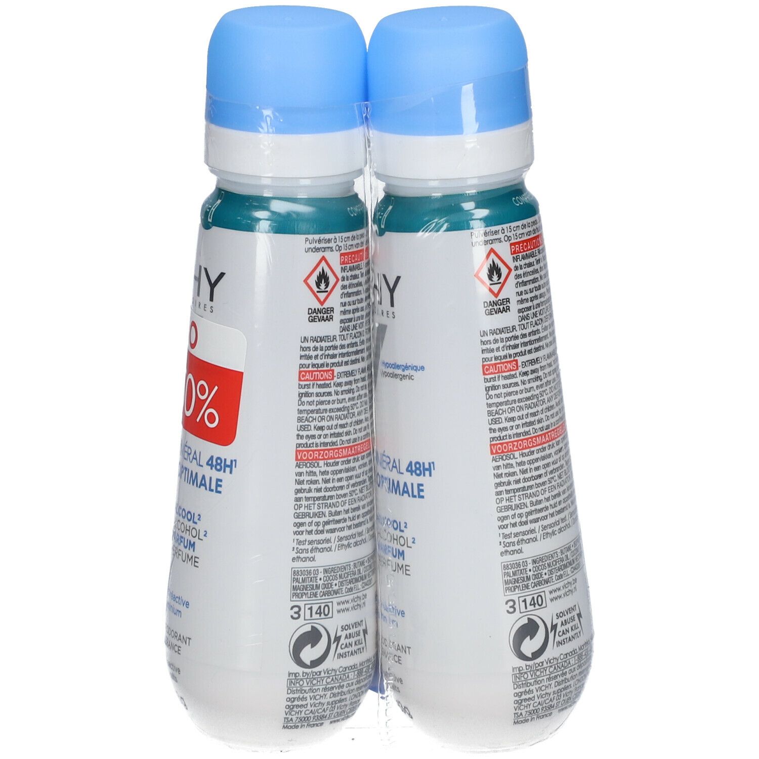 Zwei Deodorant-Flaschen in Folie verpackt. Blaue Kappen, weiße Flaschen mit Text. Aufschrift: VICHY, Mineral Deodorant 48h.