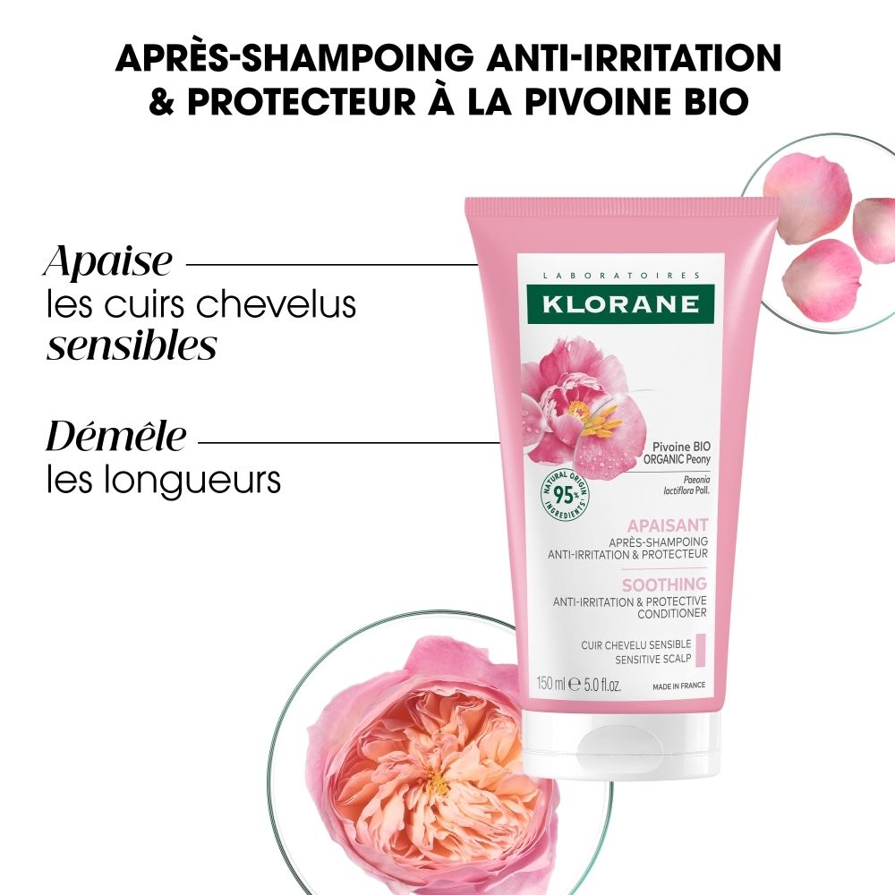 Arrière du tube KLORANE Soin après-shampoing à la pivoine avec instructions d'utilisation et liste des ingrédients.