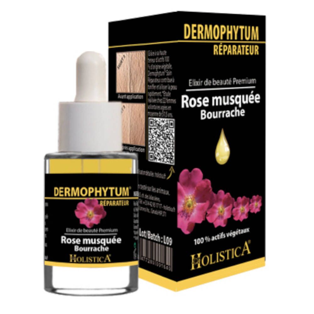 Flacon avec pipette et emballage. Inscriptions: Dermophytum Réparateur, Rose musquée Bourrache, Holistica. Avec fleurs de rose.