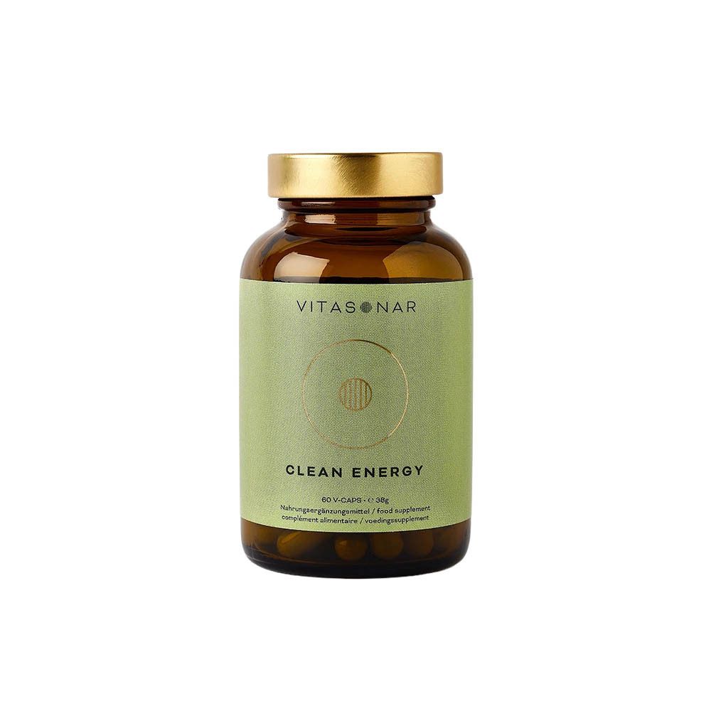 Flacon en verre brun avec couvercle doré. Étiquette "VITASONAR CLEAN ENERGY". Inscription "60 V-CAPS".
