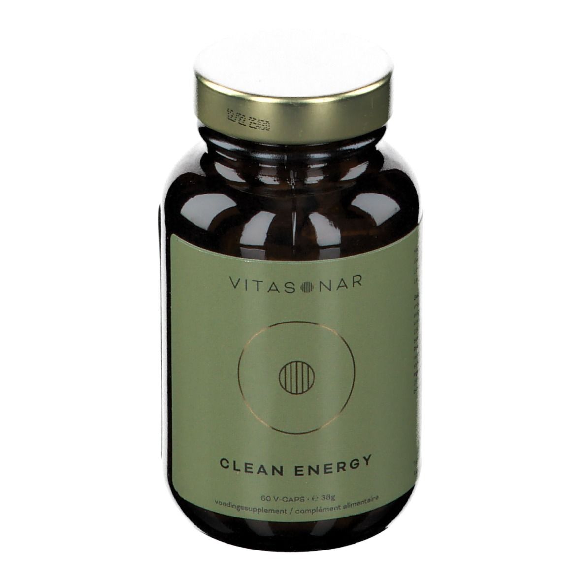 Flacon en verre brun avec couvercle doré. Étiquette "VITASONAR" et "CLEAN ENERGY".