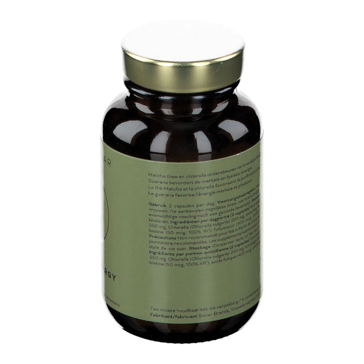 Dos d'un flacon en verre brun. Étiquette avec texte multilingue. "CLEAN ENERGY" visible.