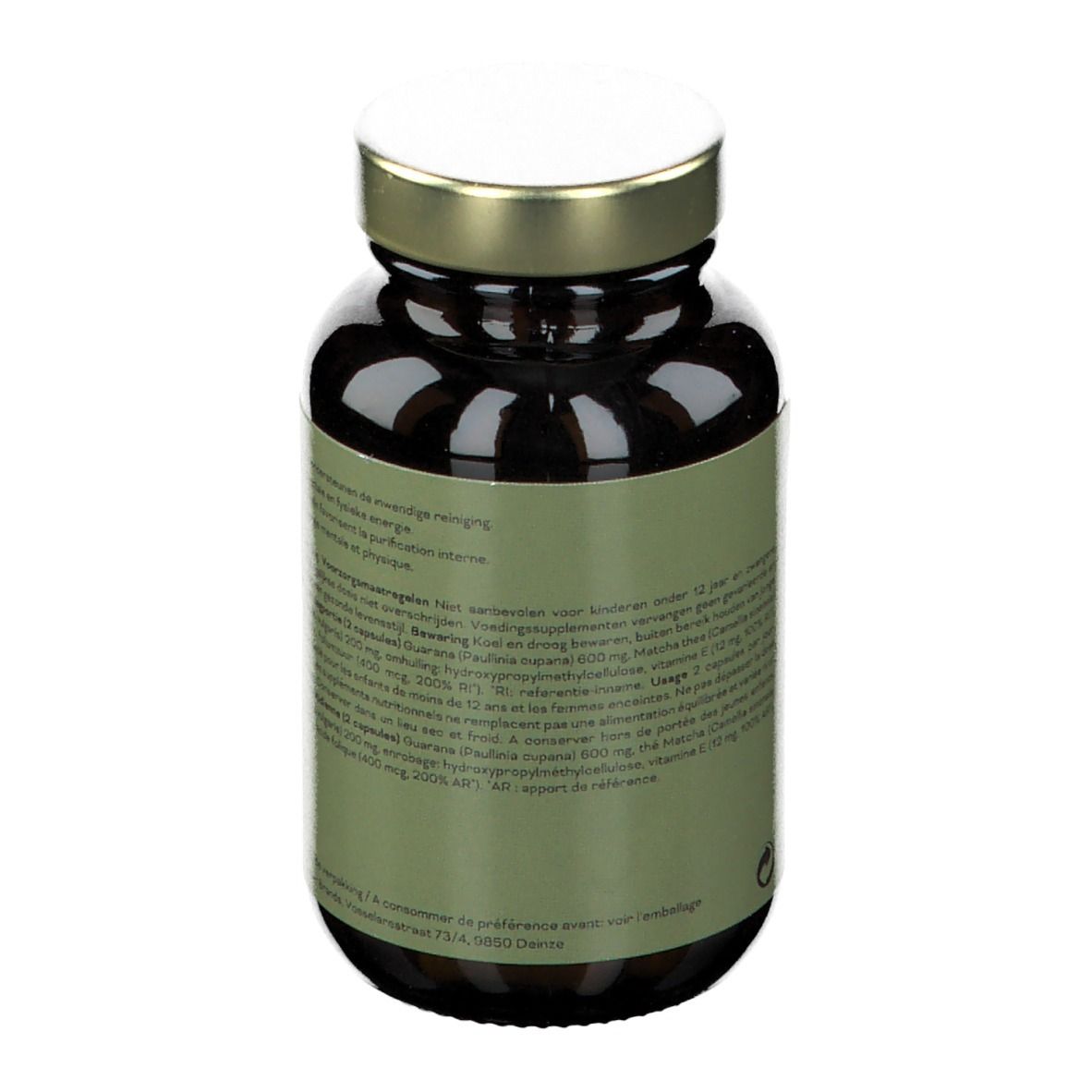 Dos d'un flacon en verre brun. Étiquette avec texte multilingue. Détails des ingrédients.