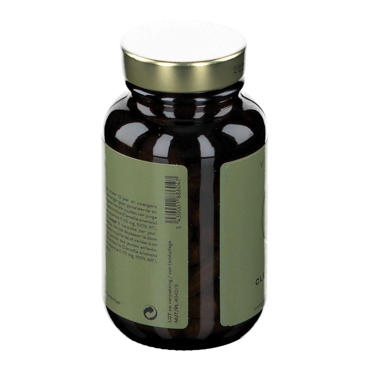 Flacon en verre brun, étiquette avec texte. "CLEAN ENERGY" et code-barres visibles. Ingrédients.