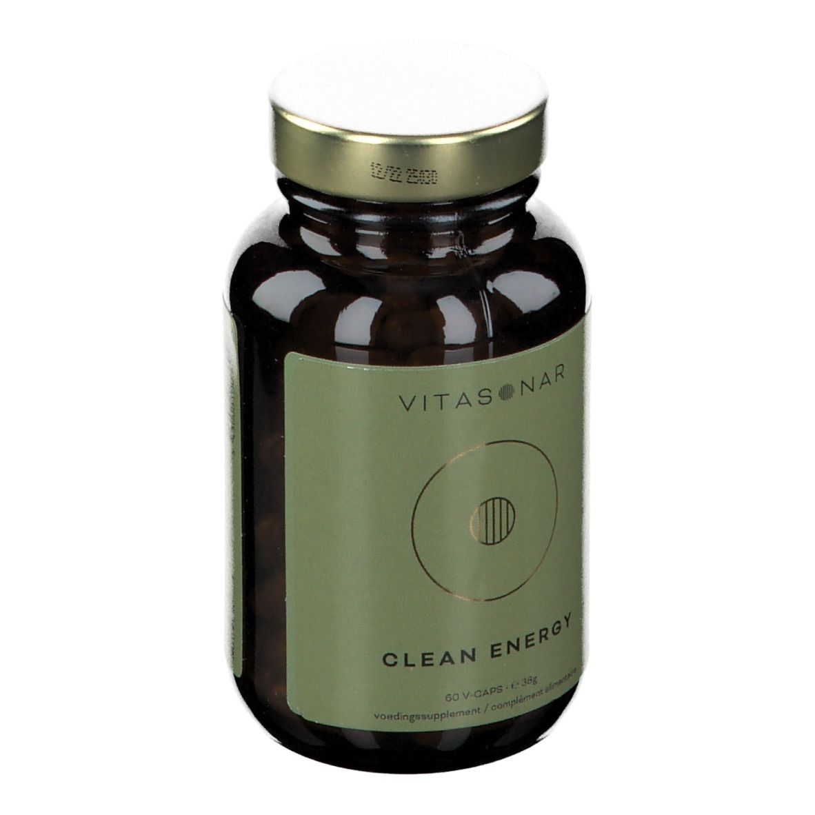 Flacon en verre brun avec couvercle doré. Étiquette "VITASONAR" et "CLEAN ENERGY".