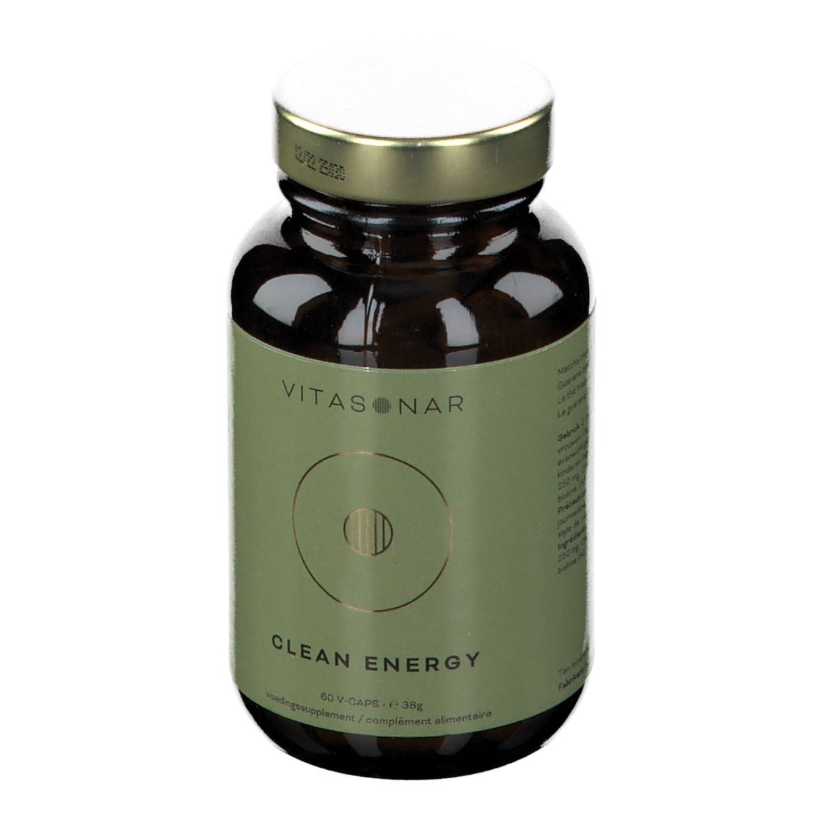 Flacon en verre brun avec couvercle doré. Étiquette "VITASONAR" et "CLEAN ENERGY".