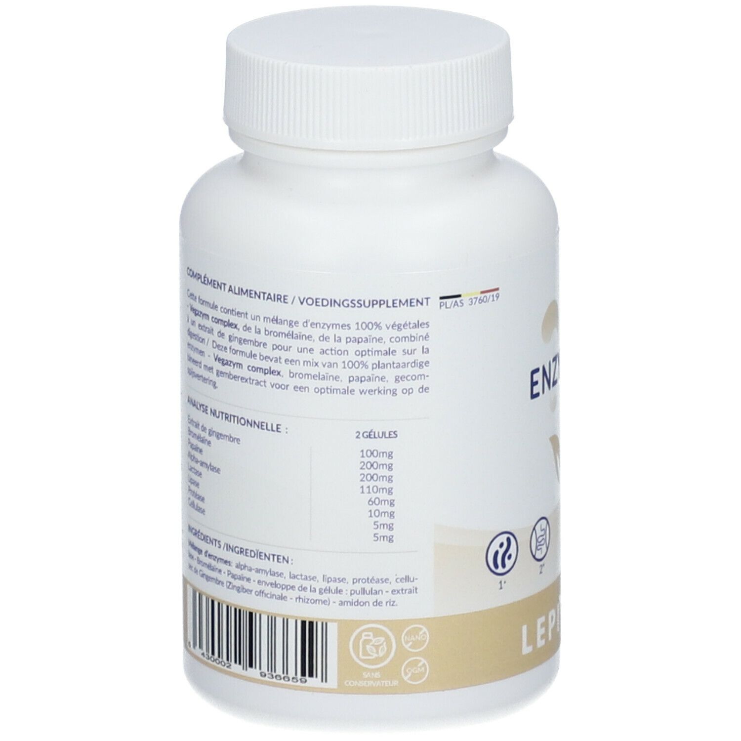 Rückseite der weißen Flasche LEPIVITS Enzyvits. Text mit Nährwertanalyse und Inhaltsstoffen.