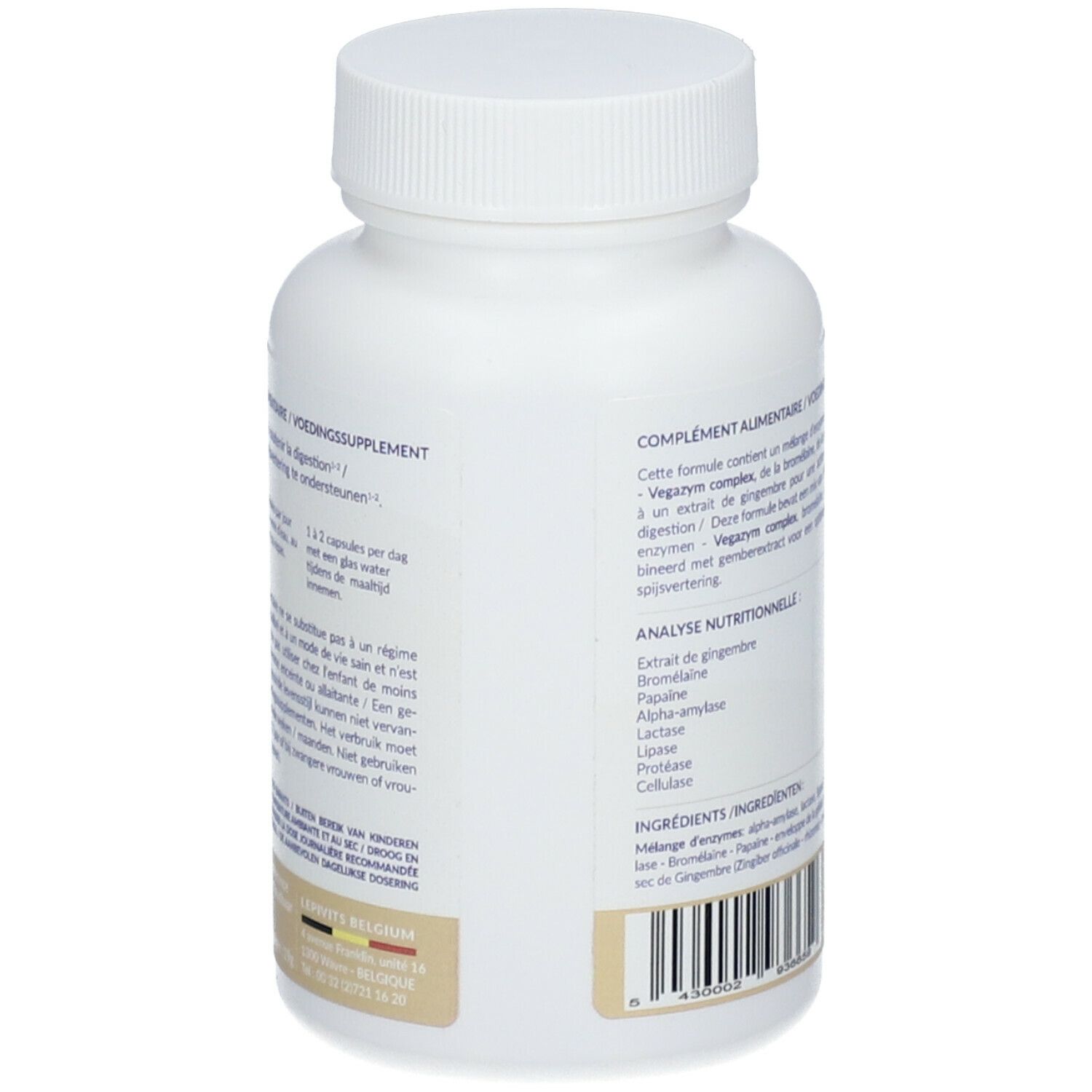 Rückseite der weißen Flasche LEPIVITS Enzyvits. Text mit Verzehrempfehlung und Inhaltsstoffen.