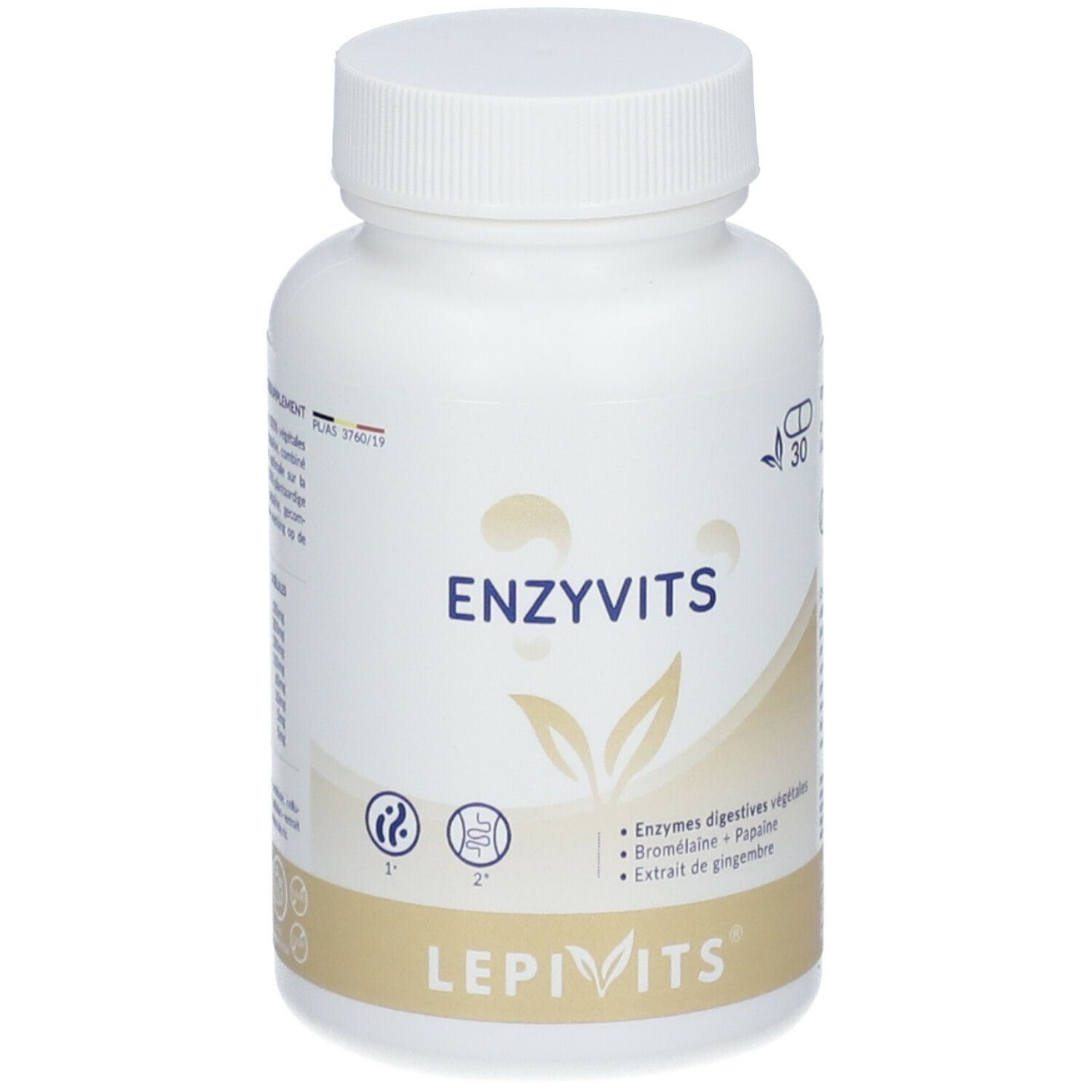 Weiße Flasche LEPIVITS Enzyvits. Aufschrift ENZYVITS und Inhaltsstoffe. Deckel oben.