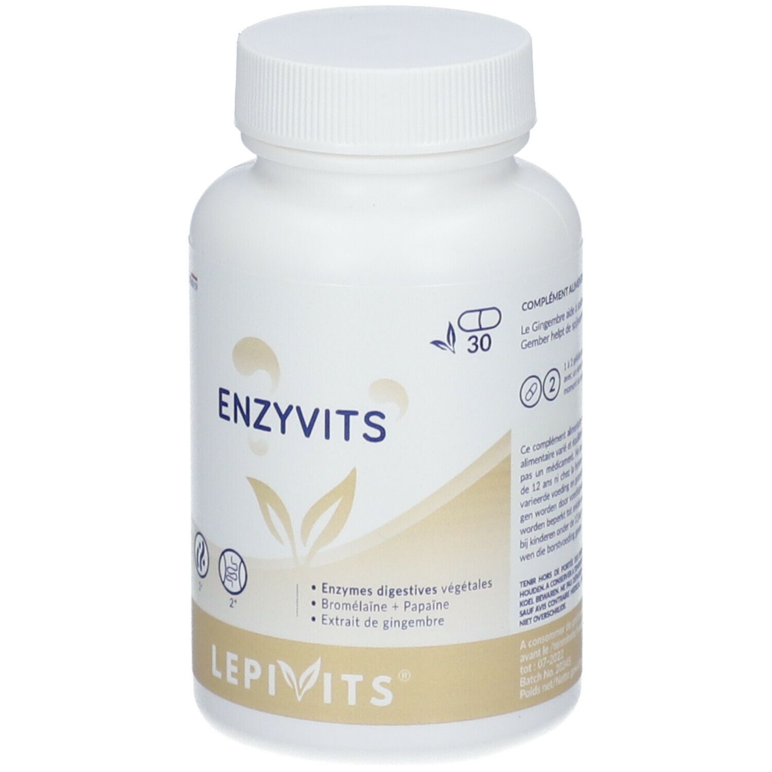 Weiße Flasche LEPIVITS Enzyvits. Aufschrift ENZYVITS und Inhaltsstoffe. Deckel oben.