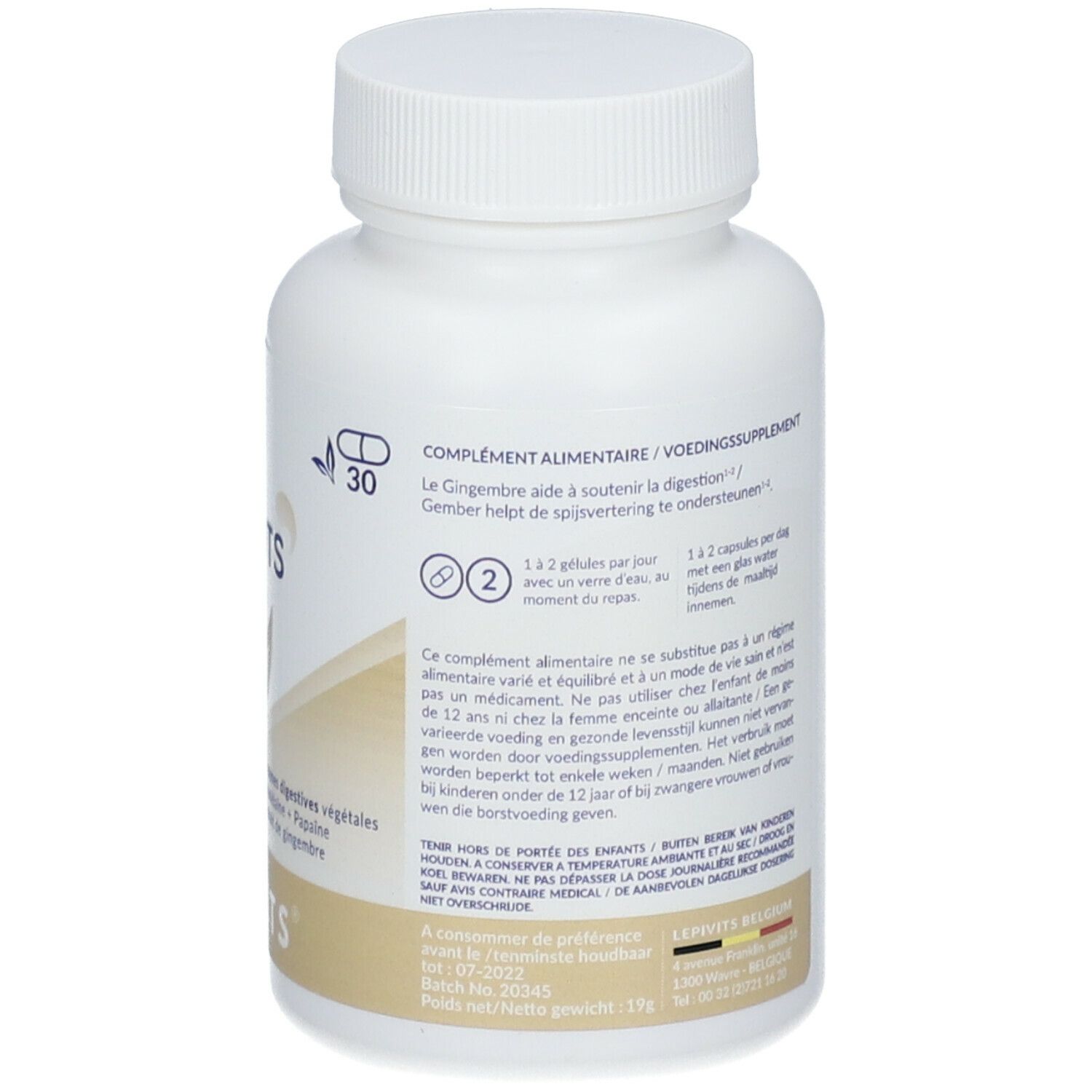 Rückseite der weißen Flasche LEPIVITS Enzyvits. Text mit Verzehrempfehlung und Inhaltsstoffen.