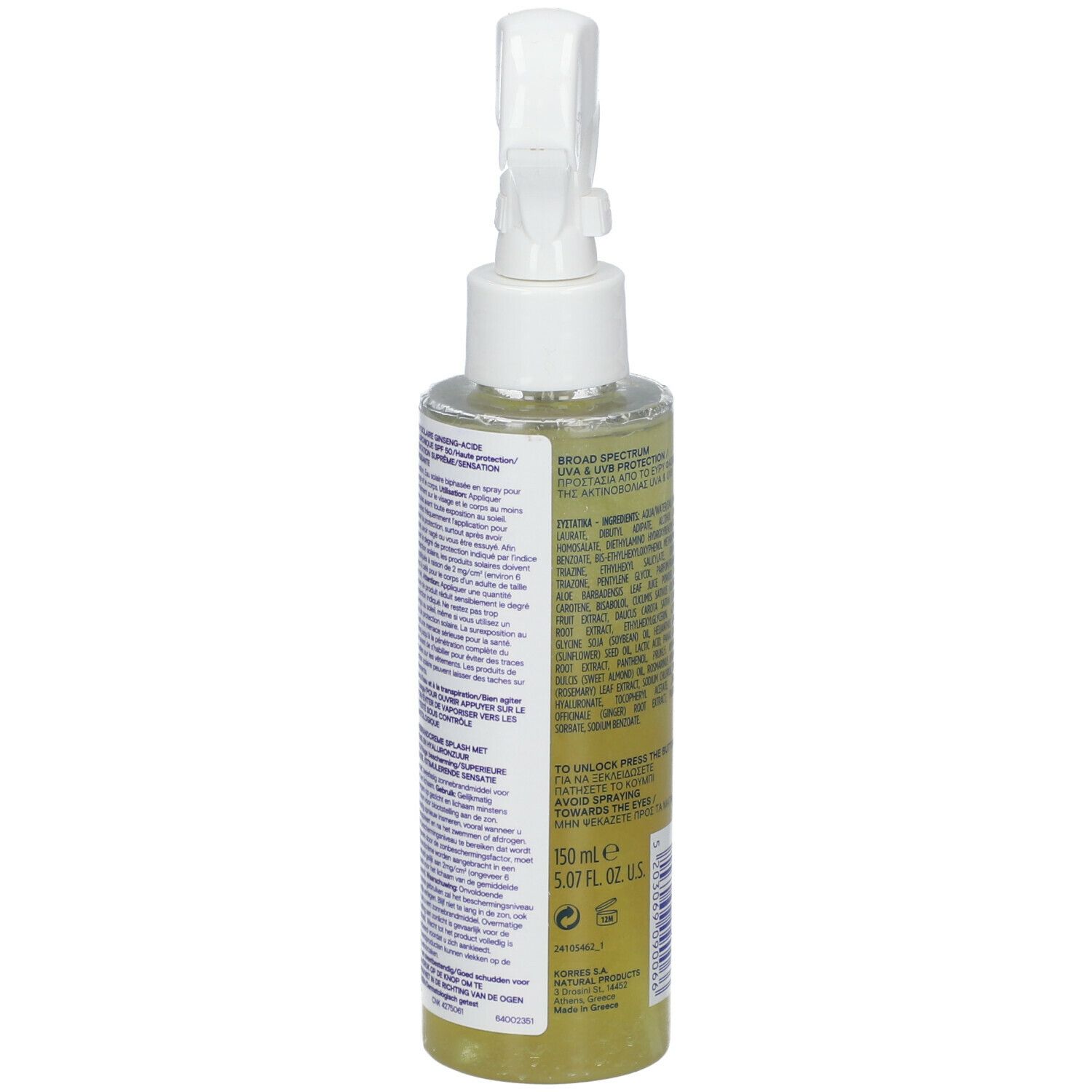 Sprayflasche mit weißem Sprühkopf. Rückseite mit Text, Inhaltsangaben und Volumenangabe: 150 ml.