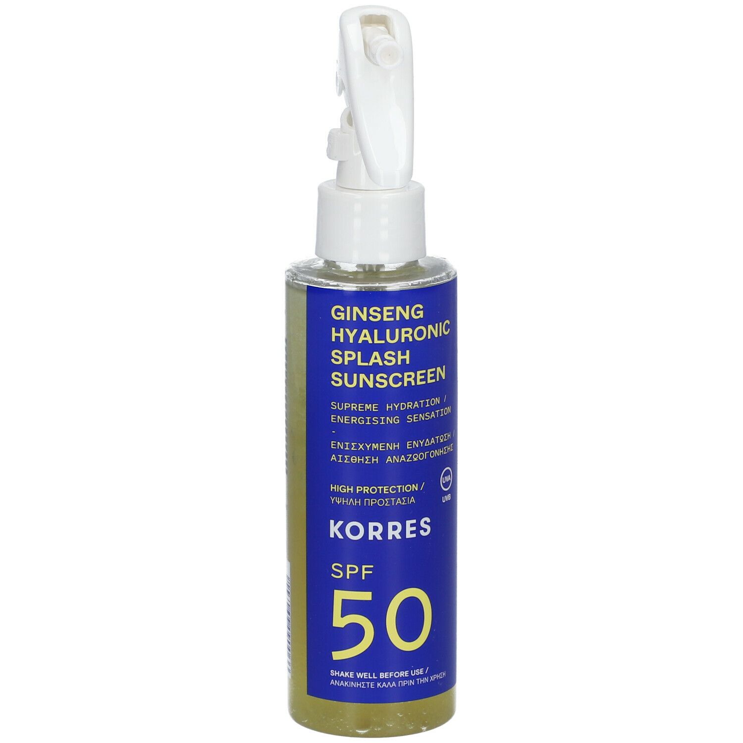 Sprayflasche mit weißem Sprühkopf und blauem Etikett. Text: Ginseng Hyaluronic Splash Sunscreen, SPF 50, KORRES.