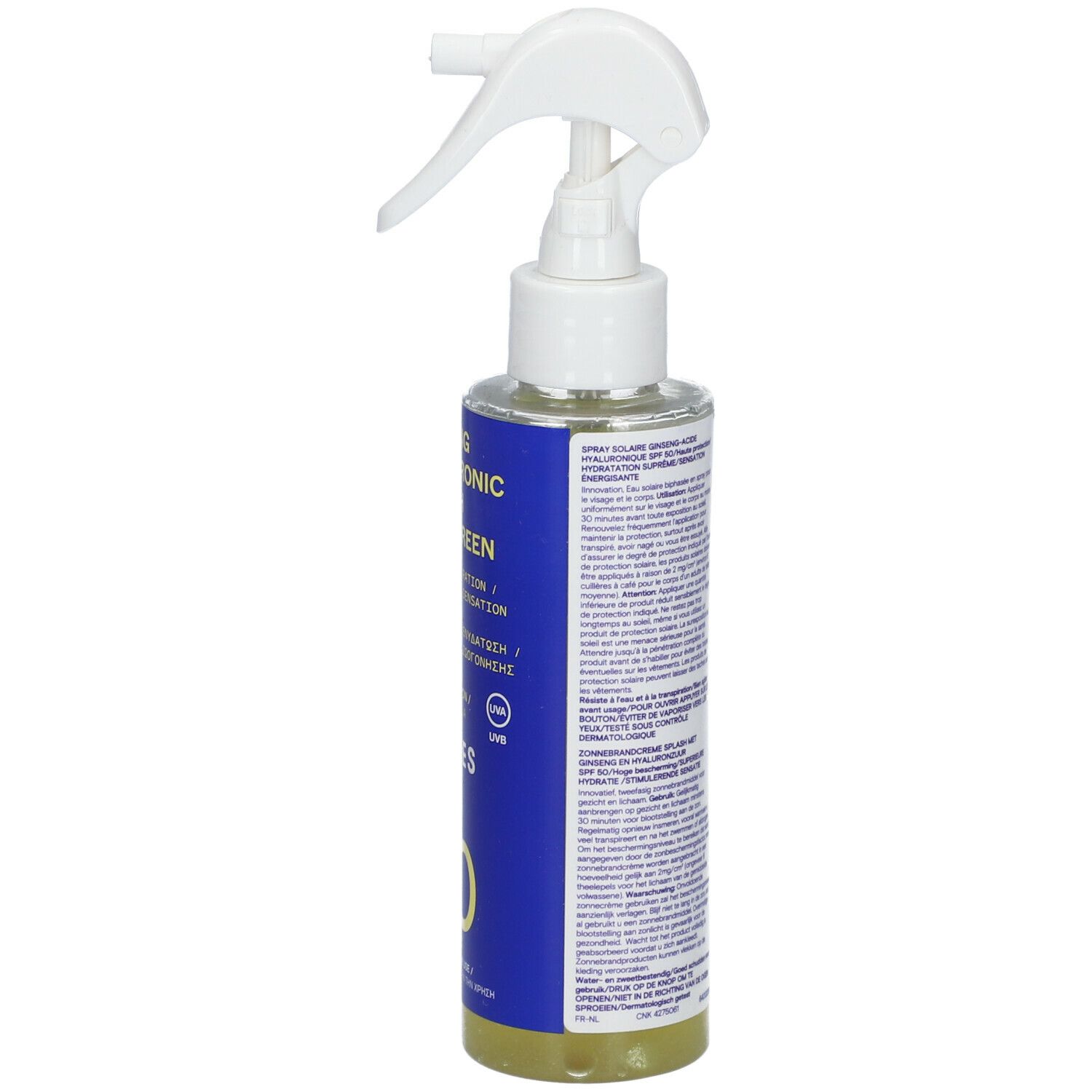 Sprayflasche mit weißem Sprühkopf. Blaue Etikett mit Text. Rückseite mit Inhaltsangaben.