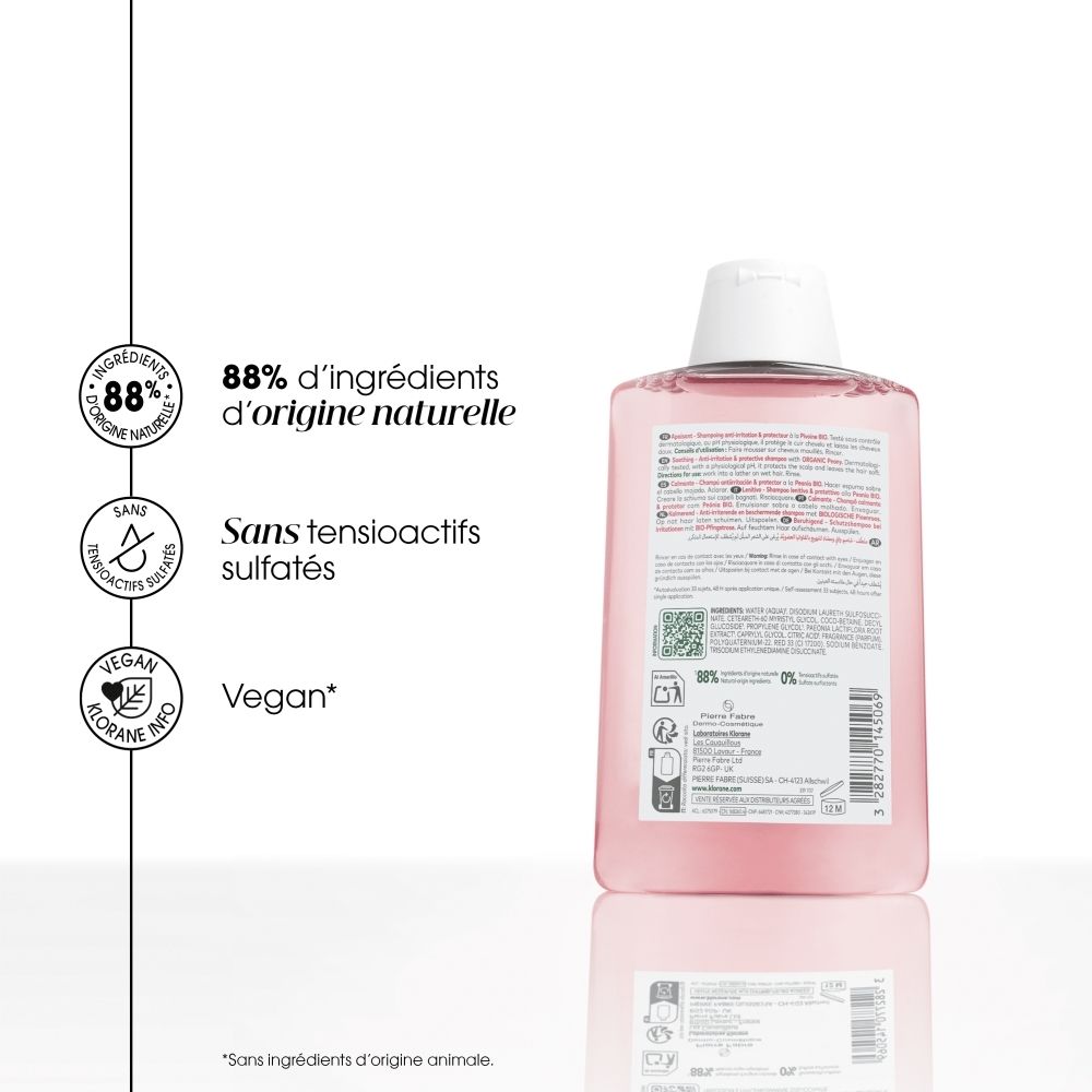 Shampooing KLORANE : ingrédients naturels, sans sulfate, vegan. Arrière du flacon.